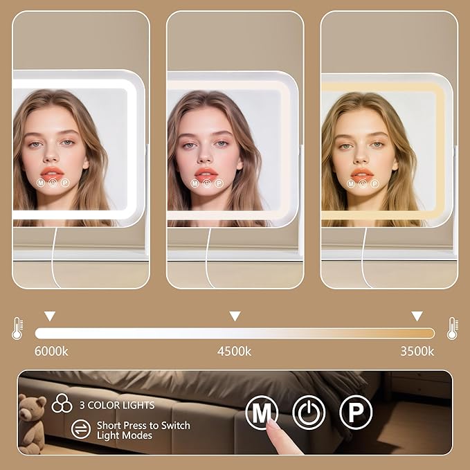 Vanity Mirror with Lights 14"×12", Led Makeup Mirror, Lighted Makeup Mirror with 3 Color Dimmable Lights, Smart Touch Screen Control, 360°Rotation