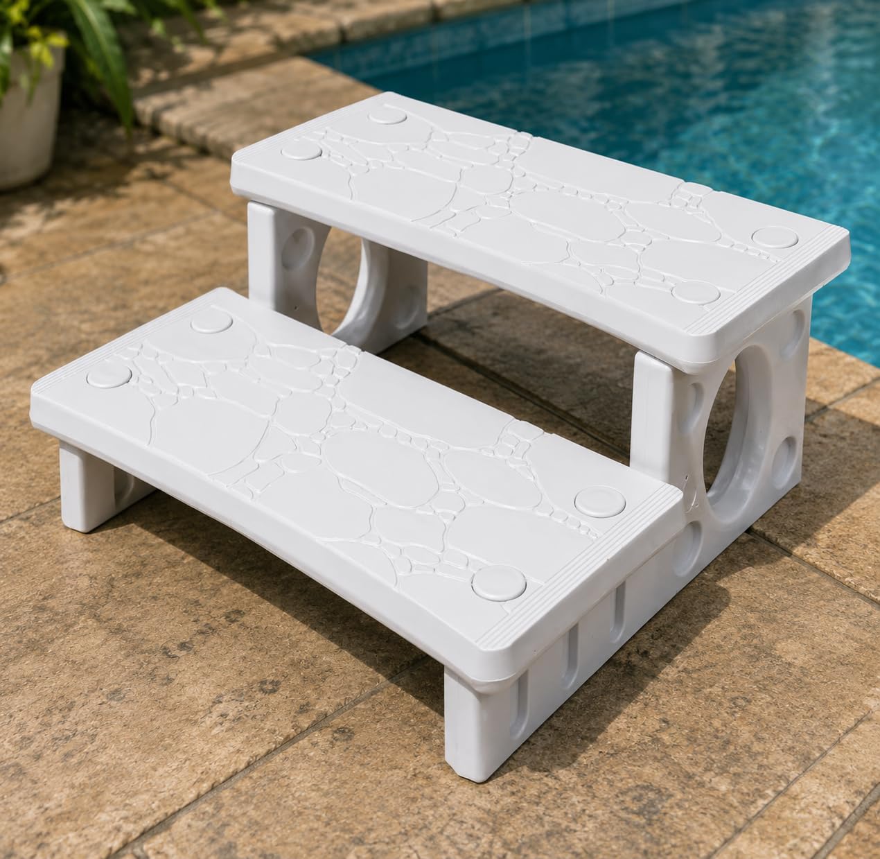 XtremepowerUS 2-Steps Heavy Duty Plastic Resin Spa Steps - Hot Tub, Inflatable Pool, and Patio Accessories, for Outdoor Use, Weatherproof Materials, White