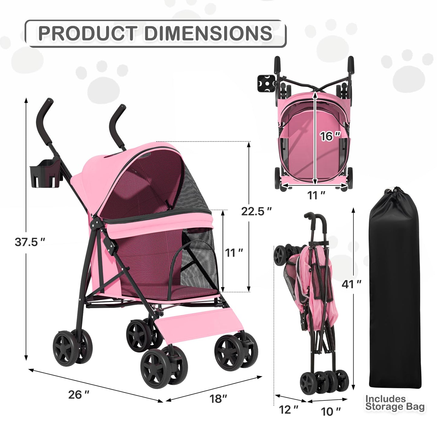 MoNiBloom 4 Wheels Pet Stroller, Easy-Fold Puppy Cage Jogger Stroller with Sun Cover, Pad and Rear Storage Bag, Breathable and Visible Mesh for Small/Medium Pets up to 22 lbs, Pink