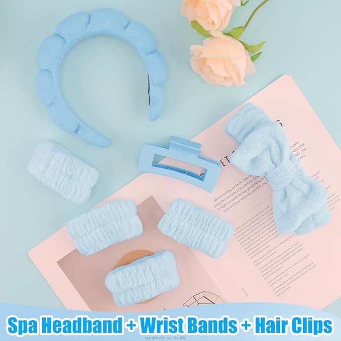 Canitor Spa Headband Wrist Bands Hair Clips Set Skincare Makeup Self Skin Care for Women Washing Face College Grandkids Clean Girl Gifts Cute Trendy Stuff Aesthetic Things Blue Stocking Stuffers