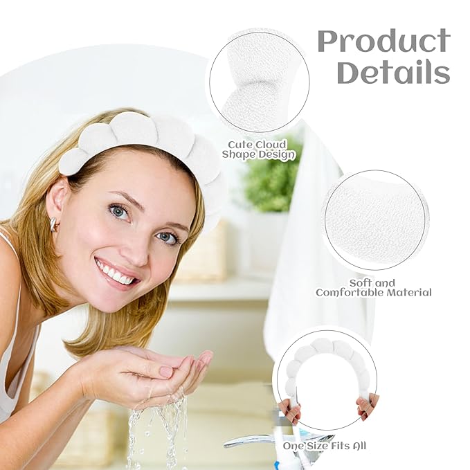 Women Spa Headband, White - Soft, Terry Cloth, Comfortable, and Absorbent Headband for Washing Face, Makeup, Skincare, Yoga, Sports, Shower, Hair Accessories for Women Girls