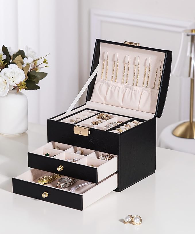 Homde Girls Jewelry Box with Lock: 3 Layer Organizer with Removable Tray - Storage for Ring Necklace Earring - Birthday & Return Gifts for Young Women (Graphite Black)
