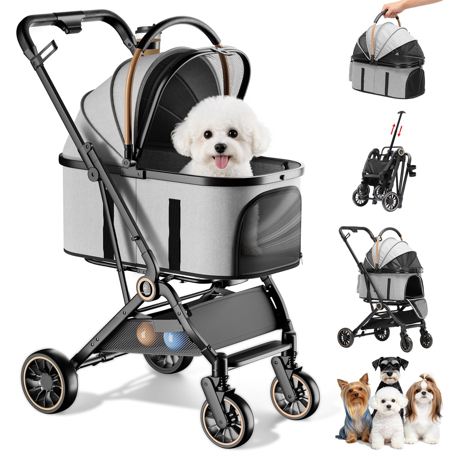 GTPLAYER Pet Stroller for Small Dogs and Cats, One-Click Foldable, Detachable Carrier, Breathable Mesh, 45 lbs Capacity, 2 Safety Leashes, Storage Basket & Cup Holder, Grey
