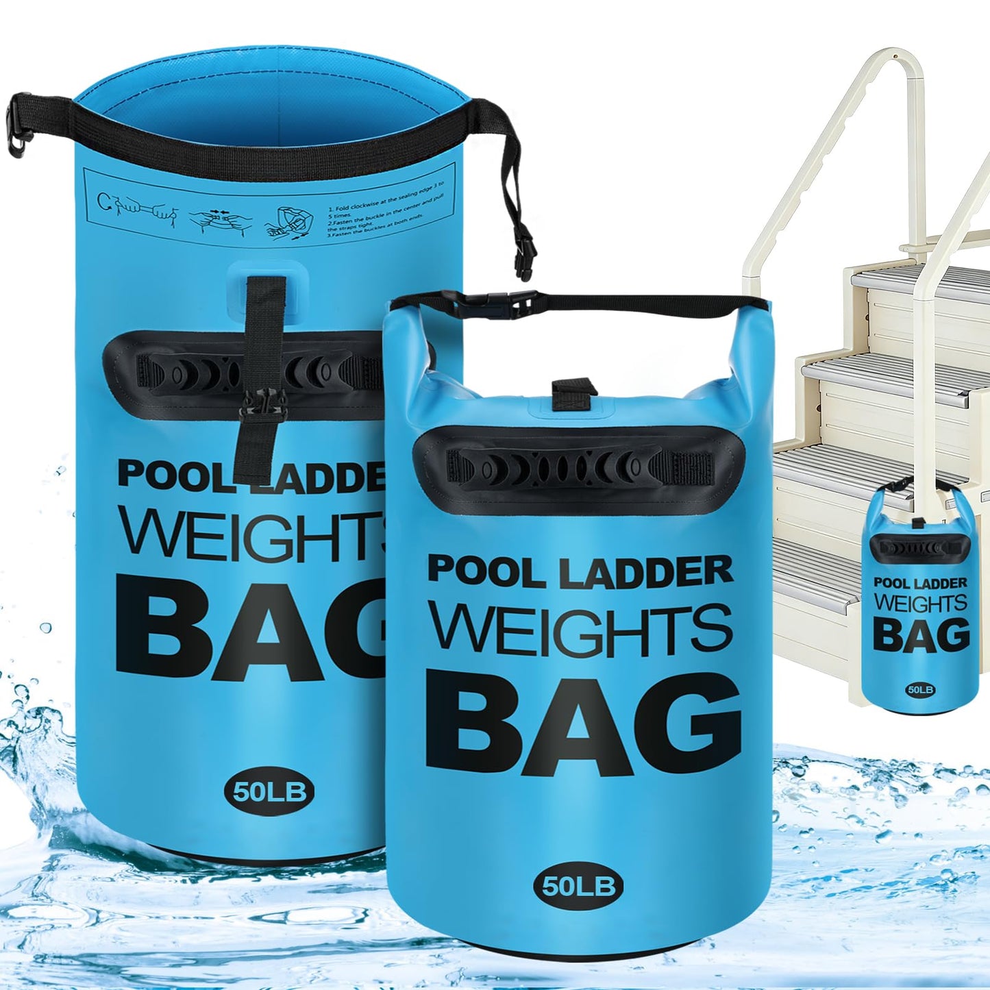 Cosweet 2 Pack Heavy Duty Pool Ladder Weights - 50lb Easy to Fill Anchor Bags, 500D PVC Waterproof Sand Bags with Handles & Secure Buckle Closure to Stabilize Above Ground Swimming Pool Steps