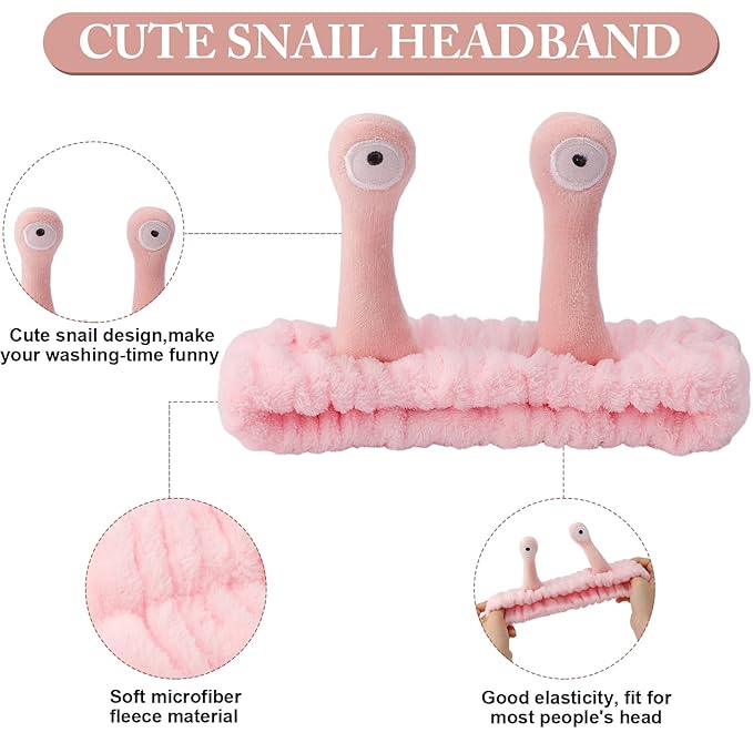 SuPoo Snail Face Wash Headband - Light Pink, Soft Microfiber Material, Funny Design, One Size Fits Most, Strong Water Absorbent, Multi-Function Use for Spa, Sports, Yoga, Makeup, Face-Washing, Shower