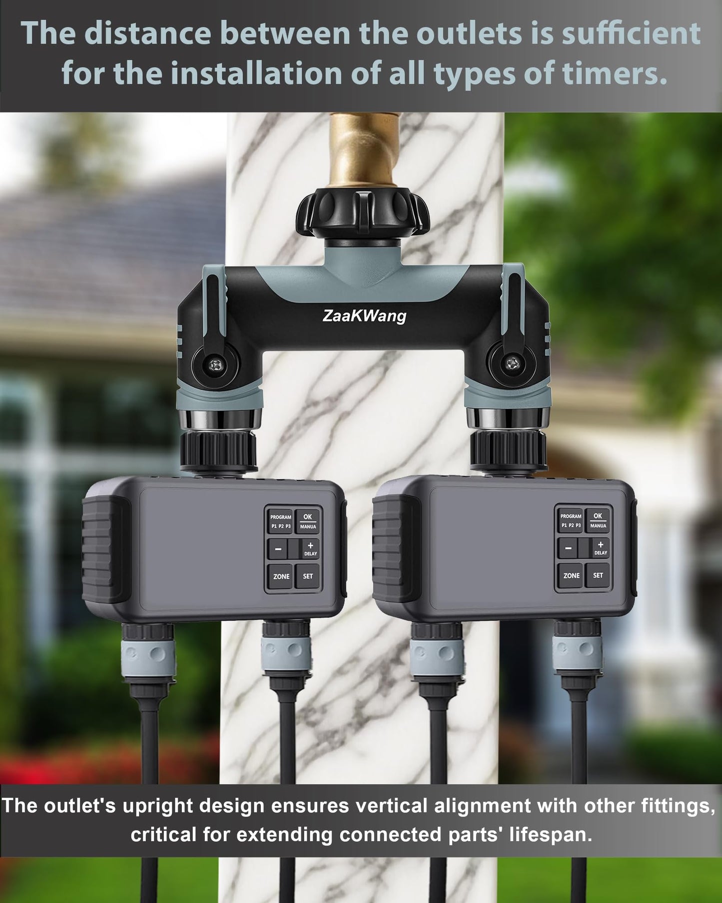 ZaakWang Garden Hose Splitter 2 Way, Heavy Duty Water Hose Spigot Bib Splitter, Outdoor Faucet Splitter with Shutoff Valve, T Adapter Connector with 3/4 - Inch GHT Thread (Grey)