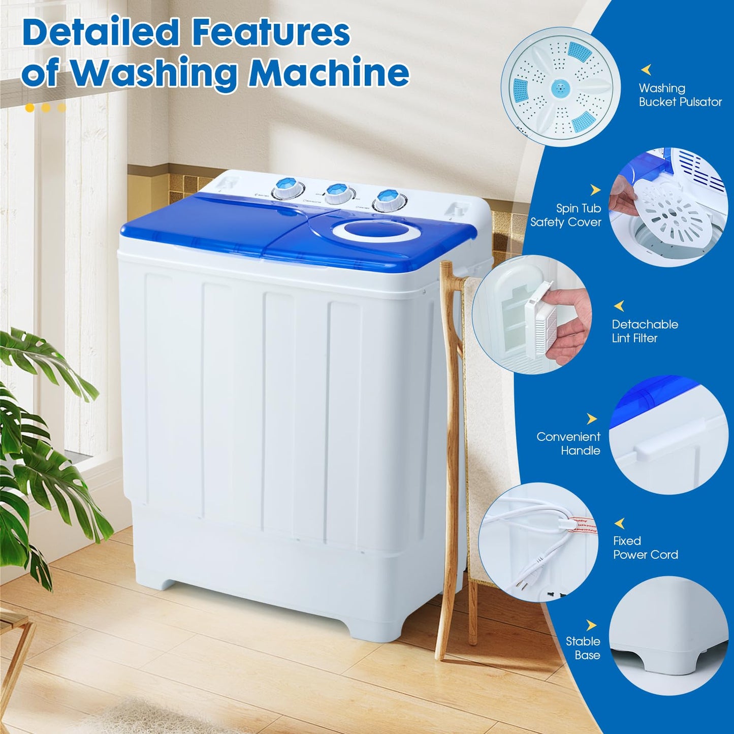 Dawmilon Portable Washing Machine Twin Tub - 28lbs Compact Washer (18lbs) and Spinner Dryer (10lbs) Combo with Drain Pump - Semi Automatic Washing Machine for Apartments, Dorms, RVs, Camping - Blue