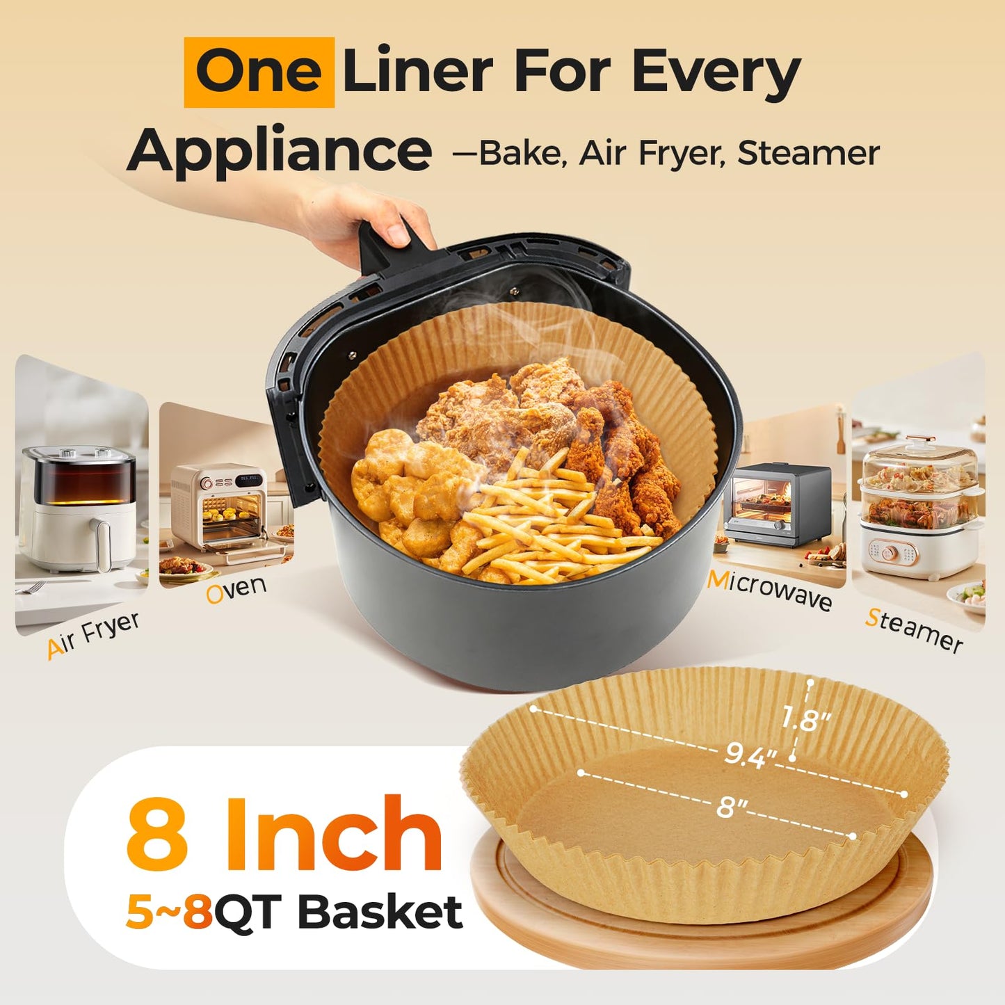 Air Fryer Liners Disposable, 200 PCS Unbleached Round Parchment Paper for Ninja 150/161 Gourmia Chefman Air Fryer, 8’’ Non-Stick & OilProof Baking Paper for 5-8 QT Basket by Vailnd