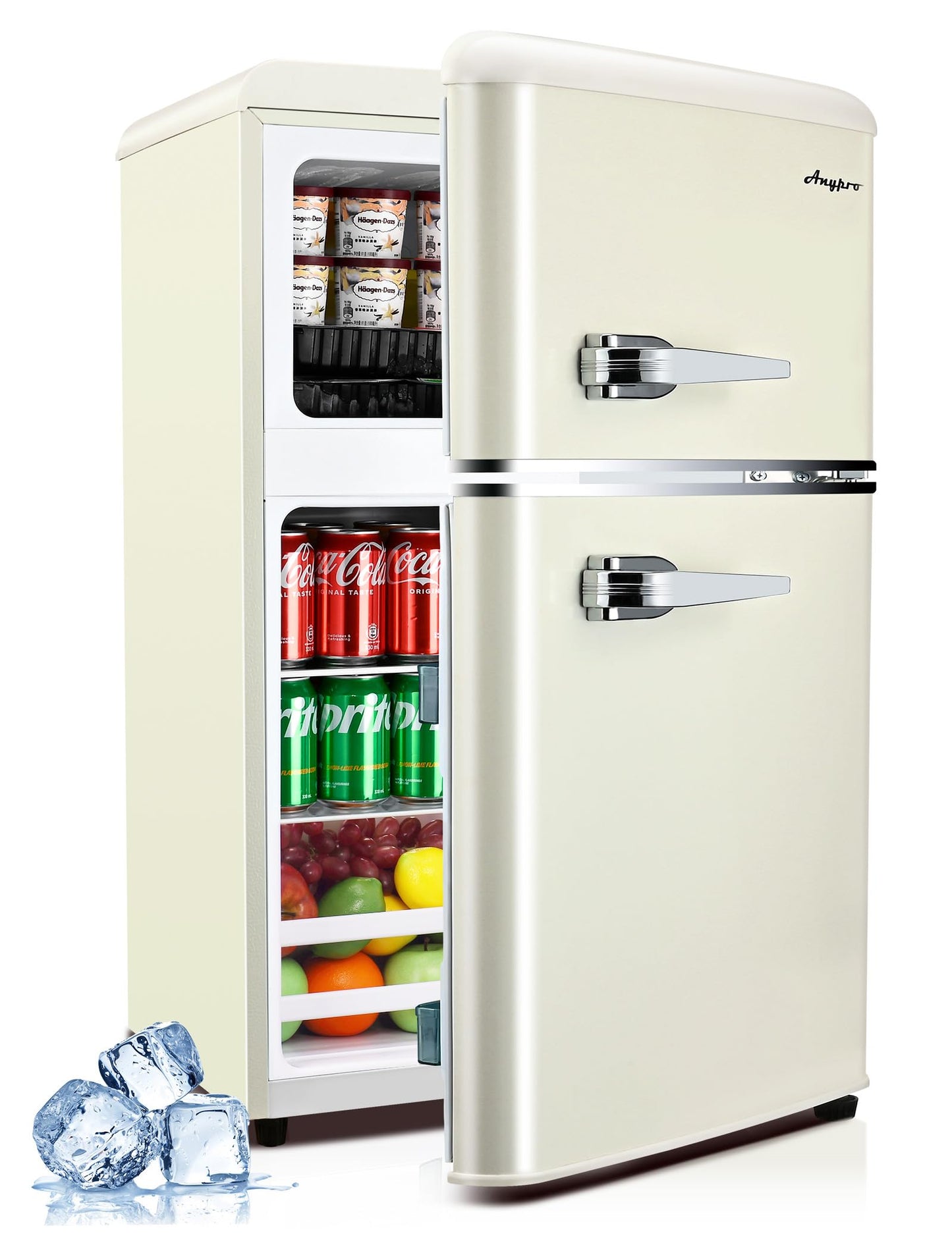 Anypro 3.2 Cu.Ft Refrigerator, Retro Double Door Fridge with Freezer, 7 Adjustable Temperature Settings, Low Noise, Removable Glass Shelves for Dorm, Office, Bedroom, Apartment, White