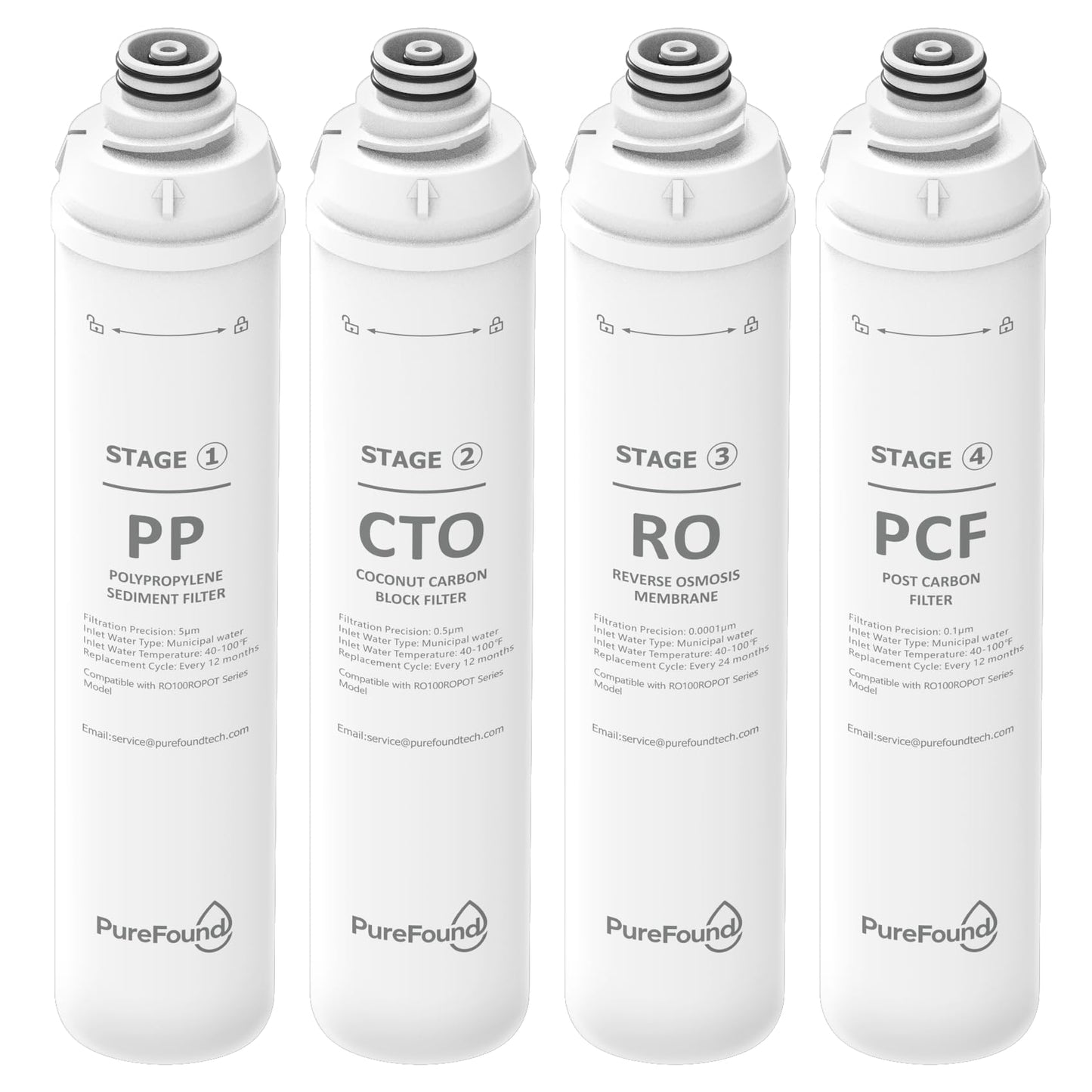 RO100ROPOT 4-Pack Water Filter Replacement Cartridge Set Compatible with Bluevua RO100ROPOT and RO100ROPOTUV Series Replacement Filter Cartridge, Pack of 4 Filters (1 PP, 1 CTO, 1 RO, 1 PCF)