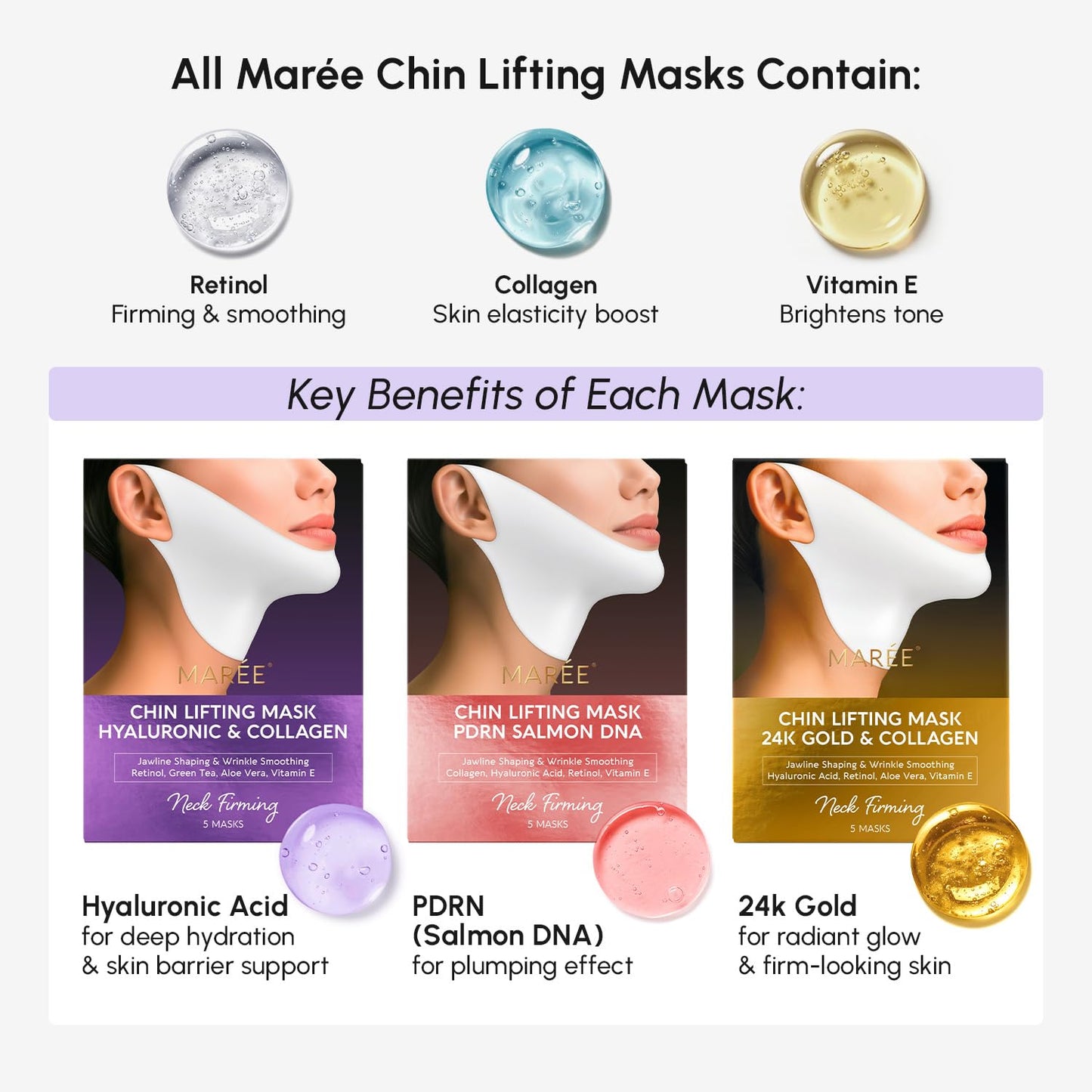 MAREE V Line Lifting Mask with 24K Gold – Deep Collagen Face Mask for Women – Jawline Shaper Mask with Retinol & Hyaluronic Acid – Neck Tightening & Firming - Double Chin Strap for Face Lift