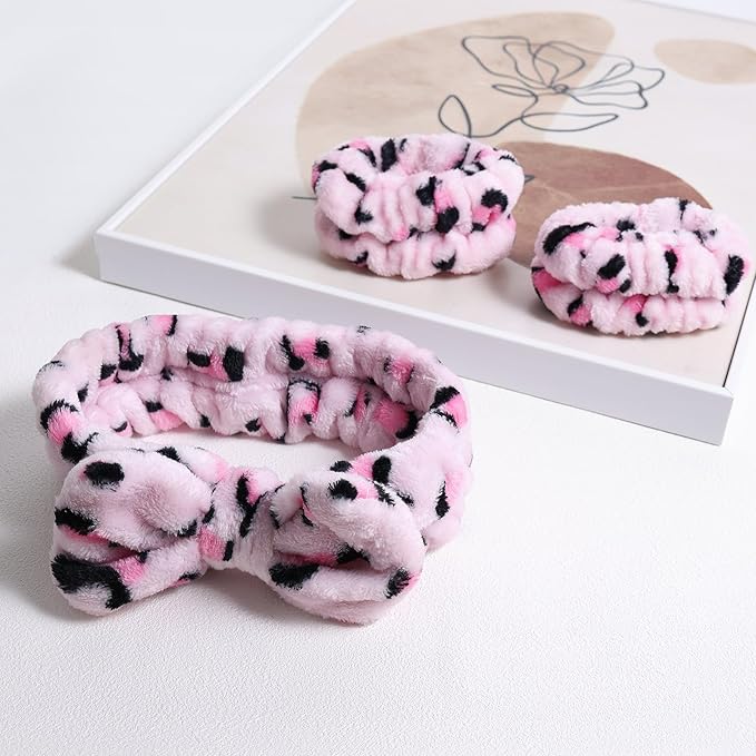 Pink Leopard Print Plush Wash Face Headband Bowknot Cheetah Spa Hair Band Wrist Cuffs Women Girls Facial Makeup Skincare Bath Head Wrap Lady Costume Party Supply Xmas Gift