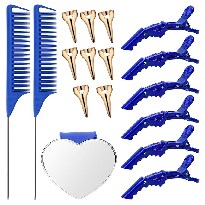 17 Pieces Hair Parting Tools Set Heart, Included 8P Hair Parting Ring 2P Metal Rat Tail Comb 6P Hair Sectioning Clip with 1P Magnetic Wrist Sewing Pin Holder for Braiding (Blue)