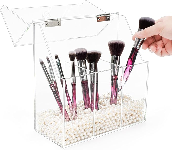 Okllen Makeup Brush Holder with Dustproof Lid, White Pearls, Acrylic Clear Makeup Brush Organizer with 3 Compartment, Large Cosmetic Brush Storage Box Case for Vanity, Bathroom, Bedroom