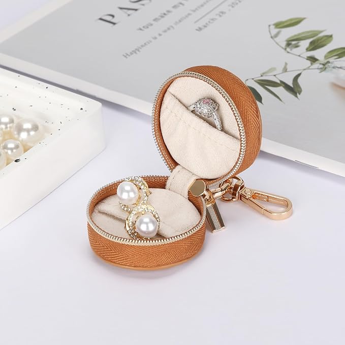 Jewelry Ring Holder Box with Keychain, Portable Gym Jewelry Storage Box Case, Small Travel Ring Earring Stud Necklace Storage Case (Brown)