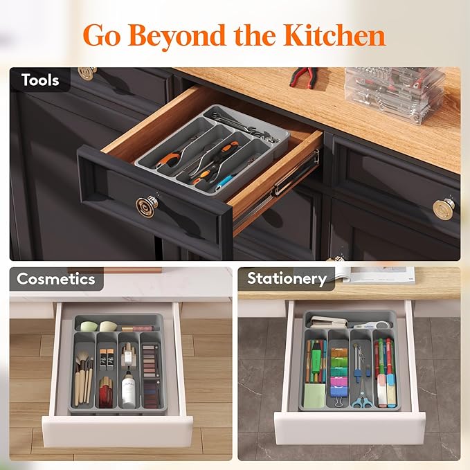 Lifewit Silverware Drawer Organizer Tray, Plastic Cutlery Storage for Kitchen, Flatware and Utensil Holder Divider for Spoons Forks Knives Tableware, 9.1 x 12.6", 5 Slots, Gray