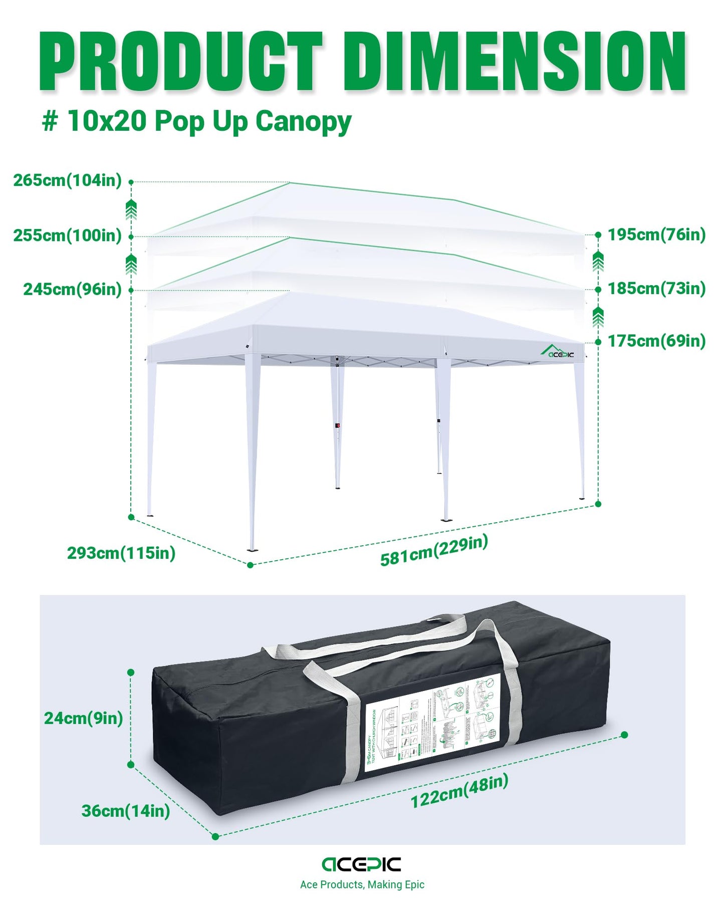 Acepic 10x20 Pop Up Canopy,2 Central Lock Easy Set-up Outdoor Party Tent, Commercial Tent, 6 Removable Sidewalls, Stakes x12, Ropes x6, Hand Bag x1, Sandbags x4 (White, 10 * 20)