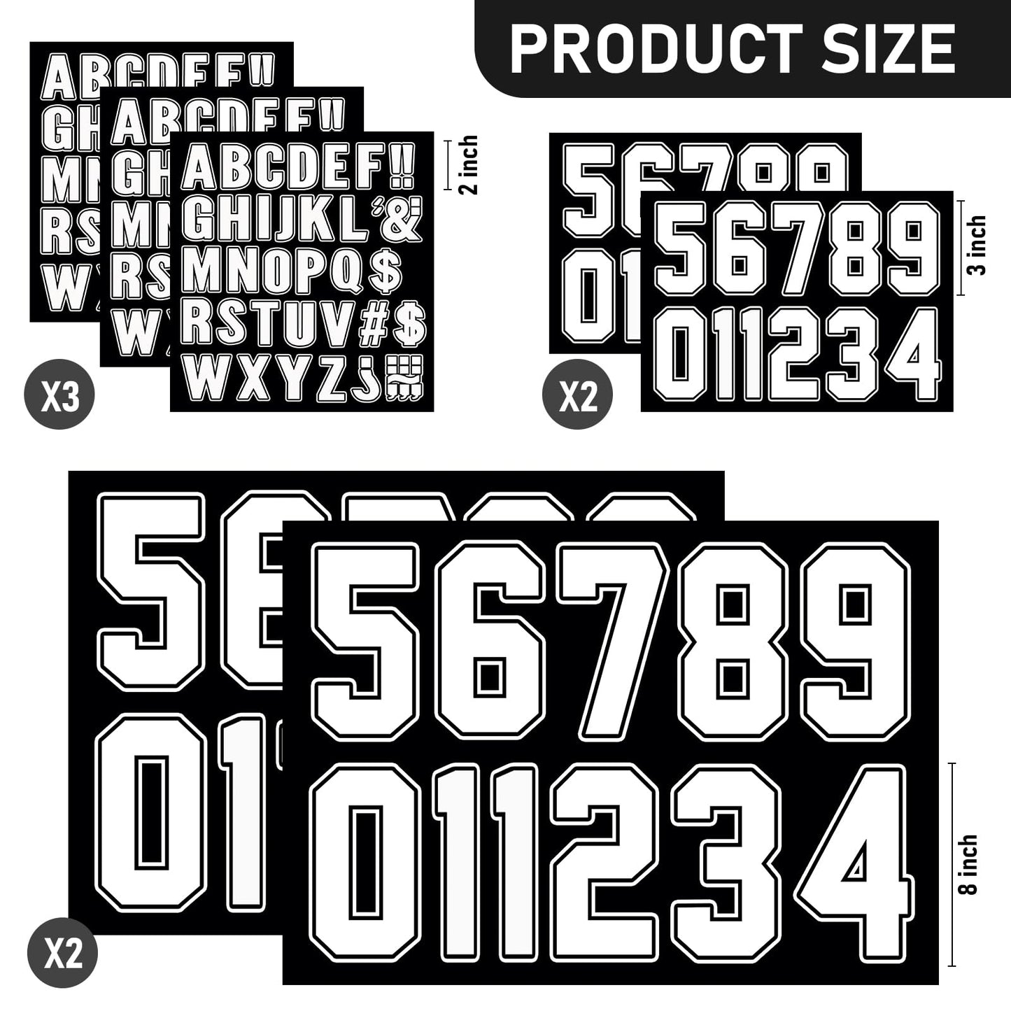 190 Pcs Iron on Letters Iron on Numbers Alphabets Fabric Stickers 8 Inch and 3 Inch Number Patches 2'' Heat Transfer Letters for Clothing DIY Crafts Sports Team Uniform(Border Style,White)