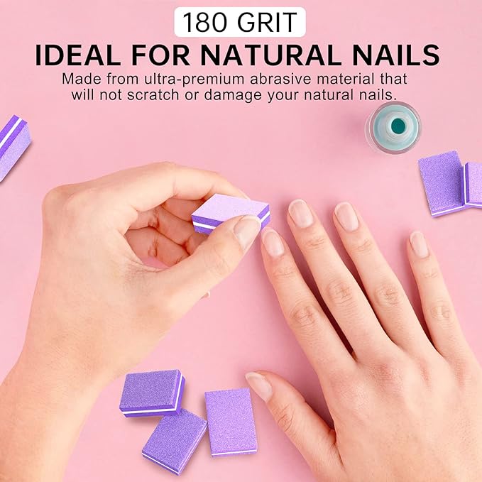 Mini Nail Buffer Block File 100/180 Grit Sponge Buffing Sanding Blocks Manicure Tools 50Pcs (Purple)