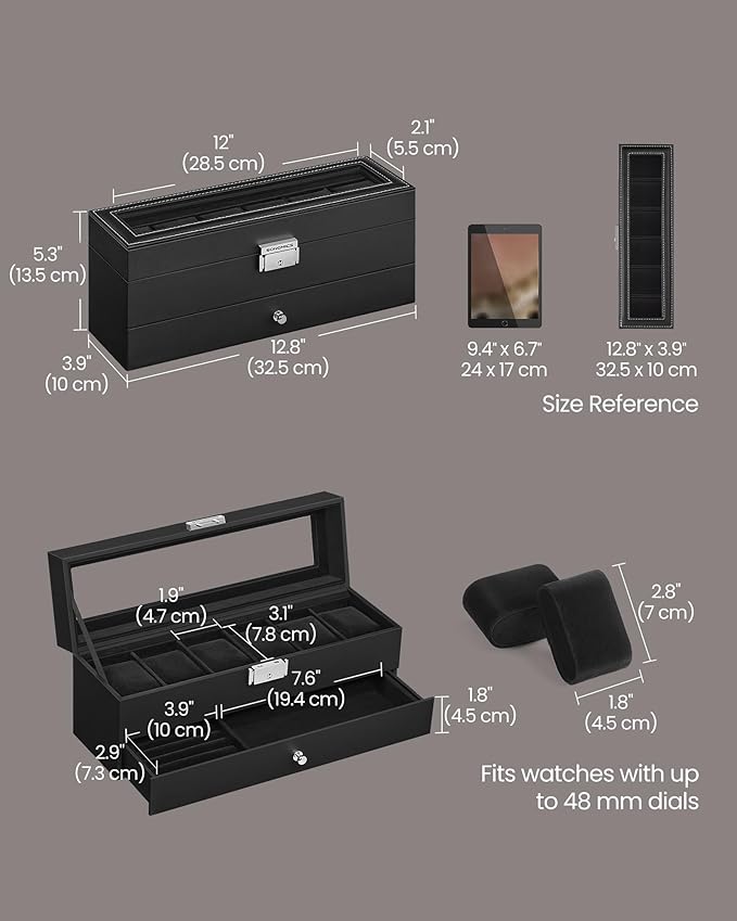 SONGMICS Watch Box, 6-Slot Watch Case Organizer with Large Glass Lid, 2 Layers, Removable Pillows, Metal Lock, Gift for Loved Ones, Black Synthetic Leather, Black Lining UJWB060B02