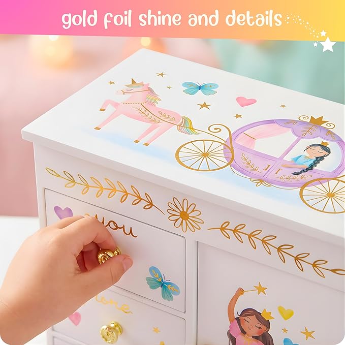 Giggle & Honey® Princess Musical Jewelry Box for Girls Kids Music Box with Drawers, Fairytale Gifts for Girls Birthday, Princess Jewelry Boxes for Ages 3-10