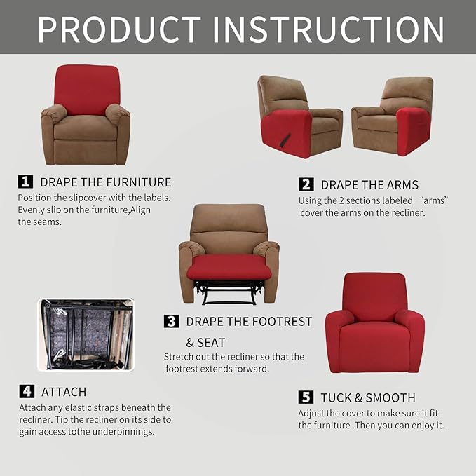 Easy-Going 4 Pieces Oversized Recliner Stretch Sofa Slipcover Sofa Cover Furniture Protector Couch Soft with Elastic Bottom Polyester Spandex Jacquard Fabric Small Checks Christmas Red,X-Large