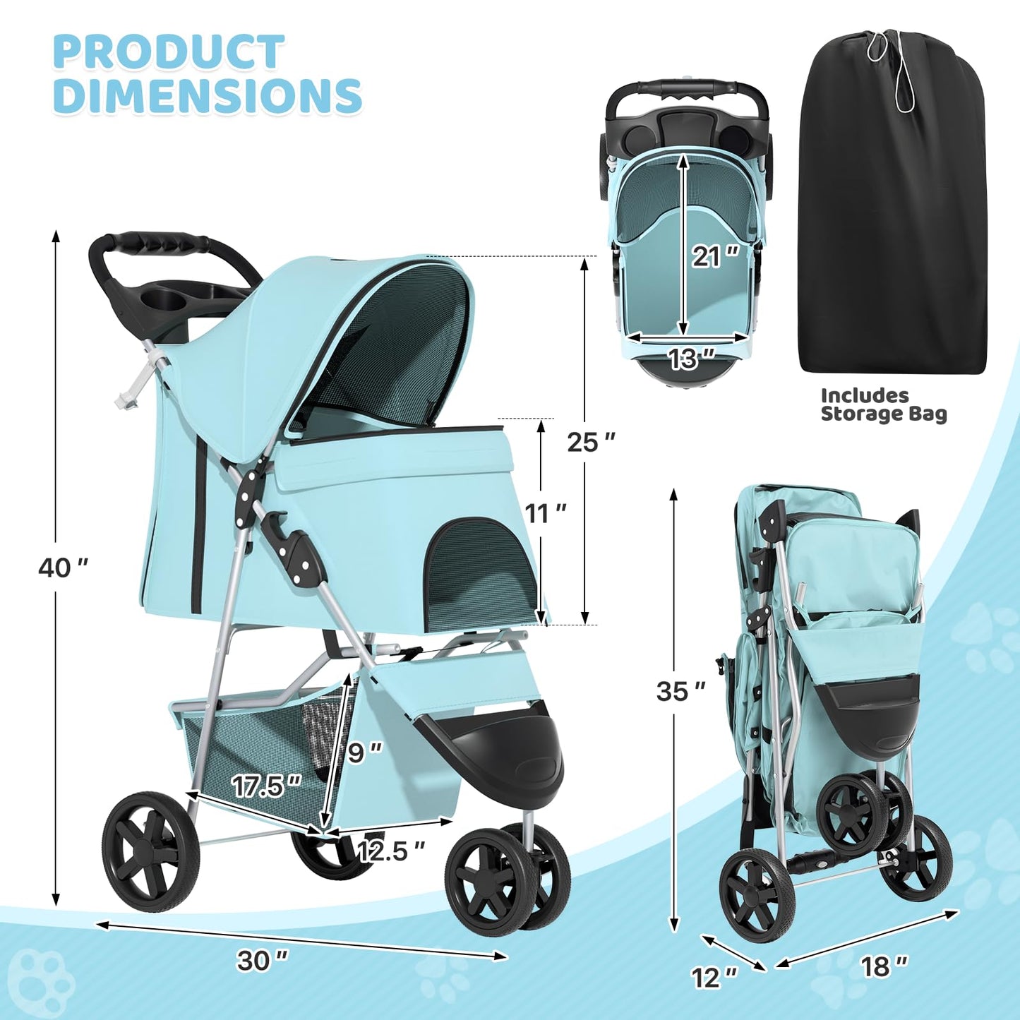 Magshion 3-Wheel Pet Stroller, Foldable Travel Jogger for Small & Medium Dogs & Cats (Up to 33lbs), Lightweight Carrier with Breathable Mesh Cover, Cup Holder & Storage Basket, Mint Green
