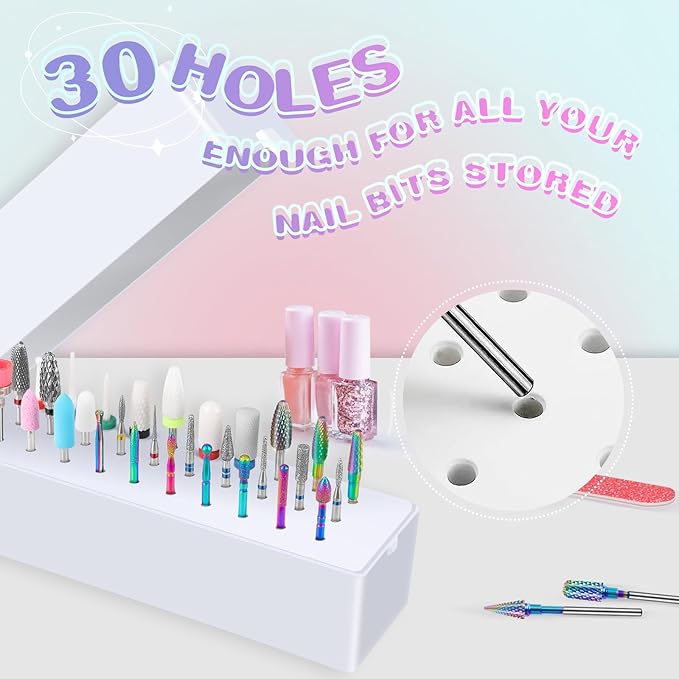 Depvko Nail Drill Bits Holder: 30 Hole Dustproof Portable Storage Case for Professional Manicure Tech, Salon Organizer Box with Acrylic cover (drill bits not included)