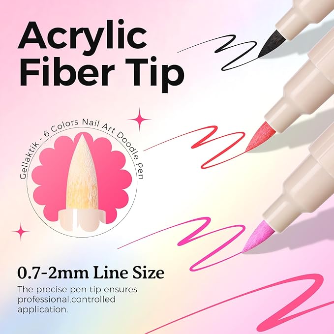 6 Colors Nail Art Pens Set, 3D Nail Polish Pens Quick-Drying Acrylic Paint Markers, Dotting Liner Brush for DIY Nail Design, Home & Salon Manicure Tools