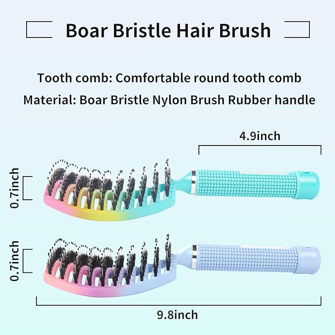 2 Pack Detangling Brush Getting Knots Out without Pain Adds Shine and Makes Hair Smooth,Detangler Boar Bristle Hair Brush for Adult & Kids Wet or Dry Hair(Green&Blue)