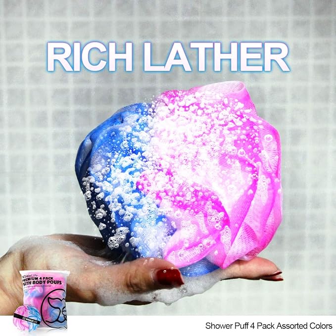 Loofah Sponge Bath Sponge for Women Men 4 Pack (Blue Pink Conbine)
