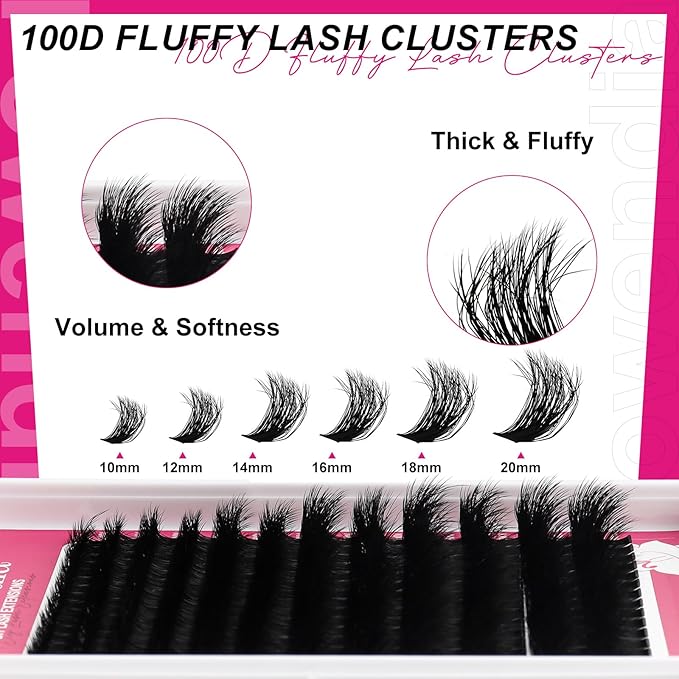 Fowendia Lash Clusters Kit Fluffy 100D Individual Lashes D Curl Cluster Eyelash Extensions 10-18mm DIY Lash Extension Kit Lash Bond and Seal Waterproof, Lash Applicator, Thick False Eyelashes Kit