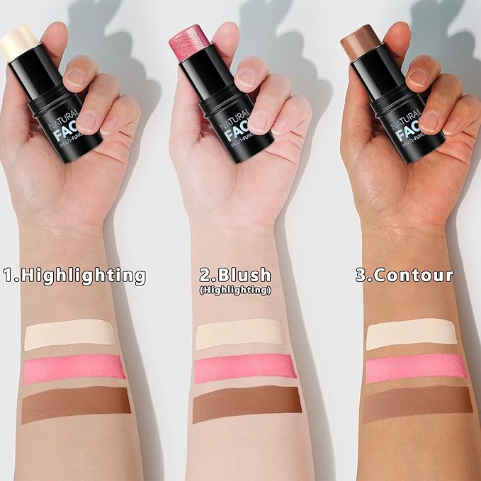 3Pcs Cream Contour Stick Makeup Kit, Shades with Highlighter, Blush and Bronzer Contour Stick for Sculpt the Cheeks, Long Lasting, Waterproof, Matte & Dewy Finish (LIGHT)