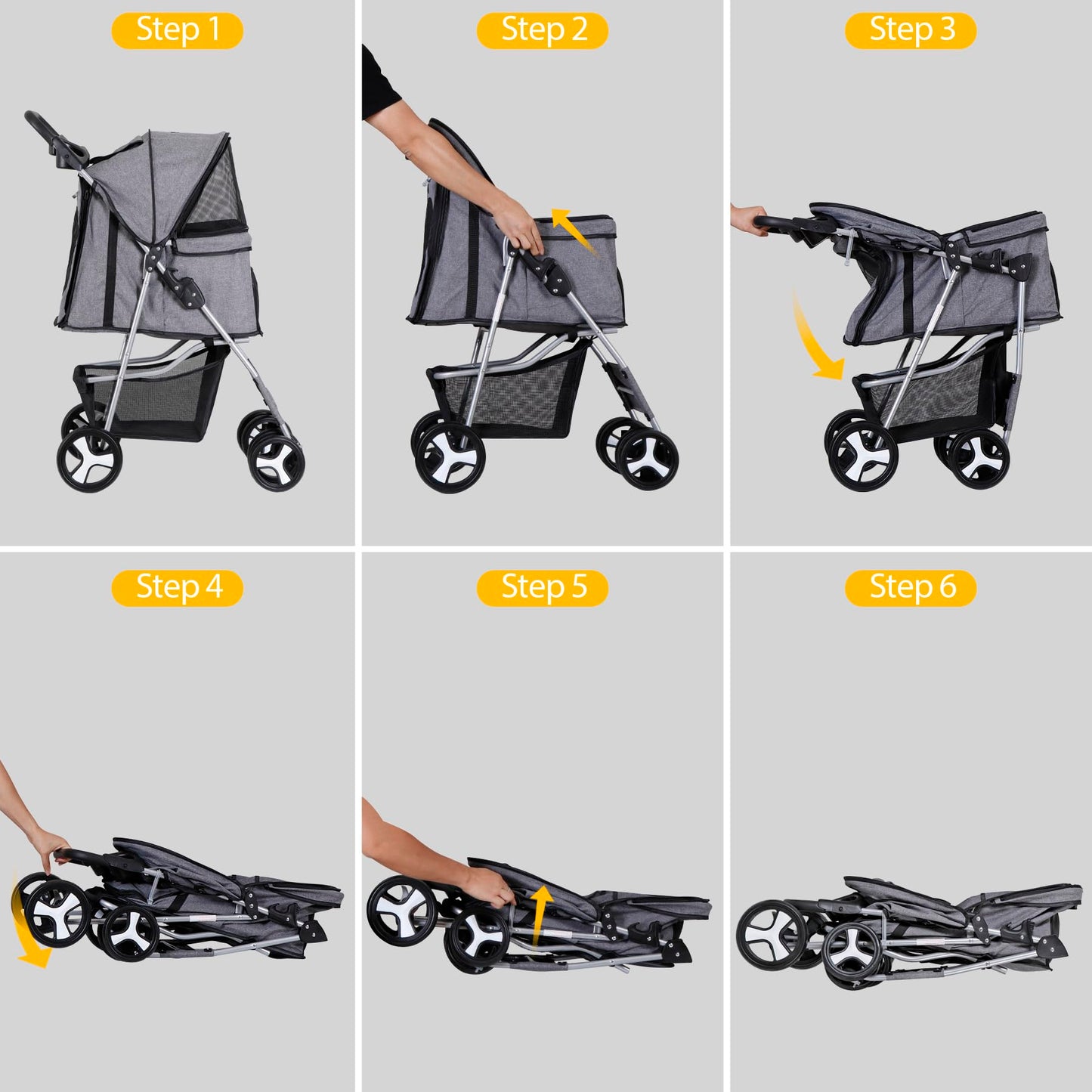 LEMY Pet Stroller, 4 Wheels Dog Cat Stroller with Storage Basket&Cup Holder,Grey Folding Dog Cat Cage Jogger Strollers for Small Medium Dogs Cats Travel