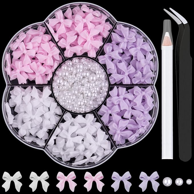 1 Box 3D Bow Charms and Flatback Pearls Set 3, 120 Pcs Cute Bow Charms for Design + 2-4mm White Pearls With Pickup Tweezer and Pencil for Nail Art Decoration
