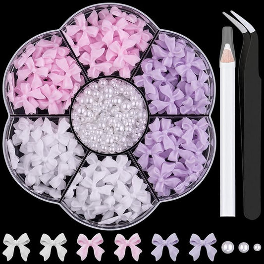 1 Box 3D Bow Charms and Flatback Pearls Set 3, 120 Pcs Cute Bow Charms for Design + 2-4mm White Pearls With Pickup Tweezer and Pencil for Nail Art Decoration