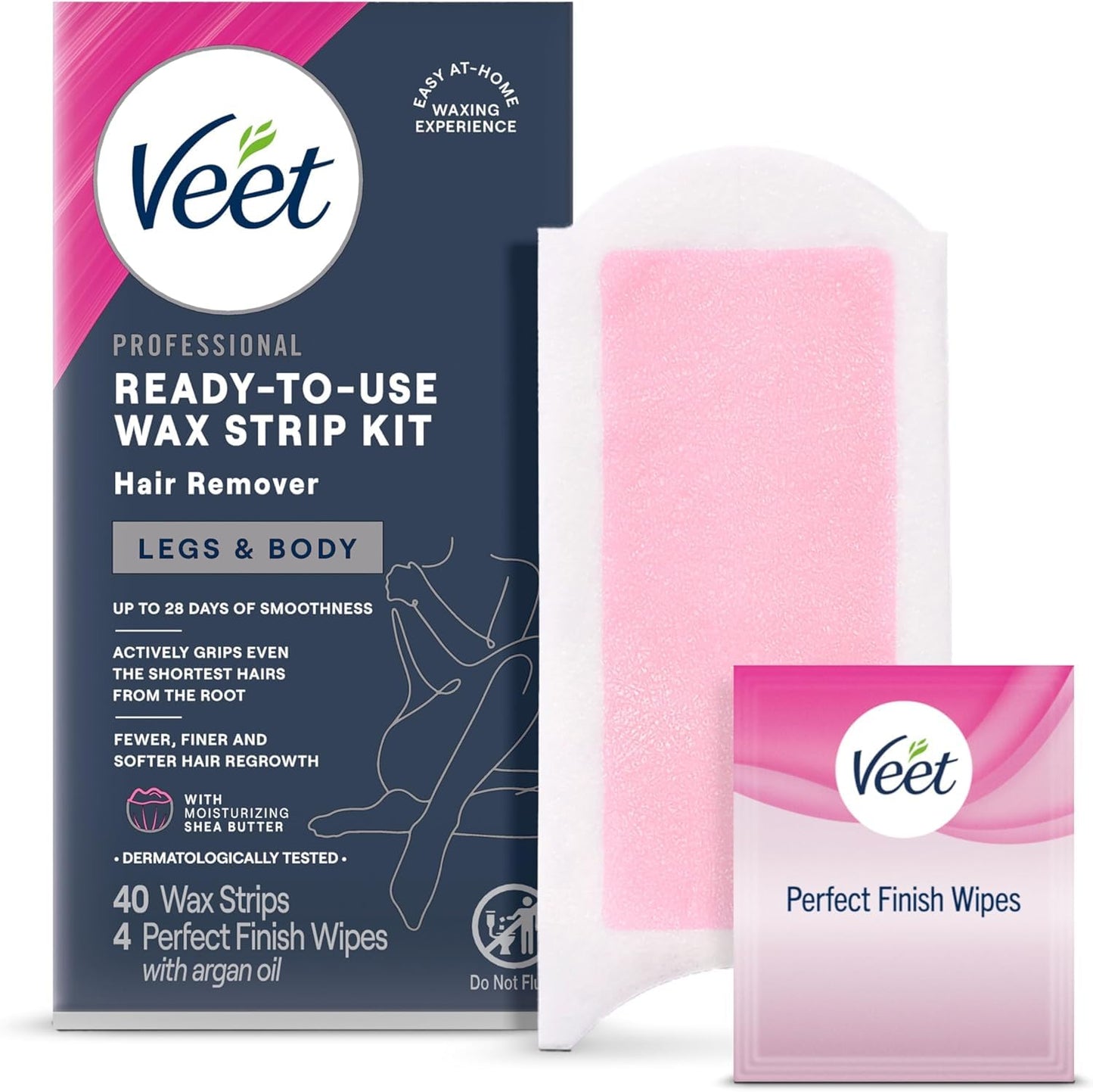 VEET Sugar Wax Strips For Women's Body Hair Removal, Bikini Hair Removal Kit, Pubic, Dermatologically Tested For Body & Intimate Areas, 40ct Wax Strips with Shea Butter & 4ct Wipes (Pack of 2)