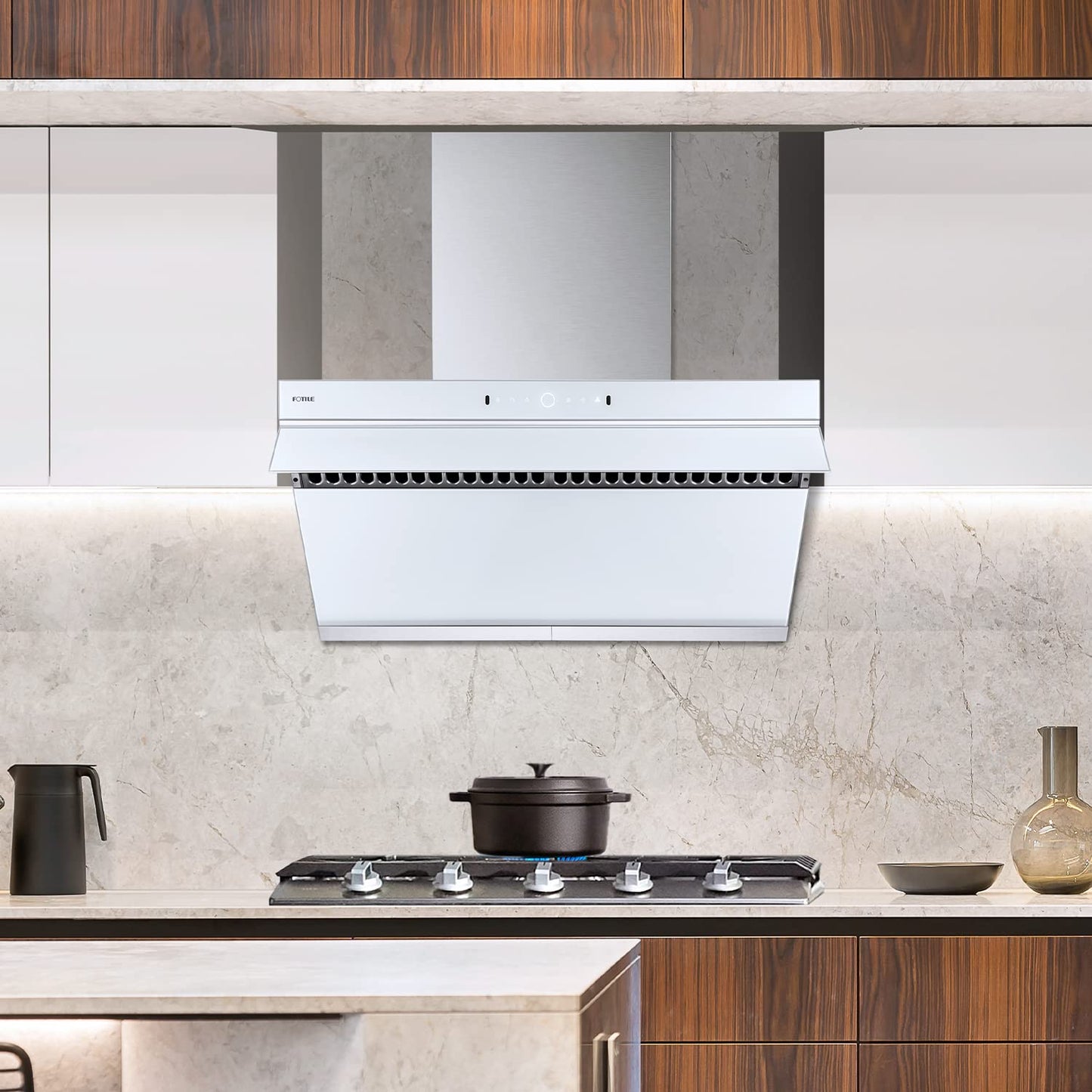 FOTILE JQG9006-W 36" Under-Cabinet or Wall-Mount Range Hood | Dual DC-Motor | Slant Vent Series | Motion Activate| Touchscreen with 4 Speed Level | Modern Kitchen White Schott Glass
