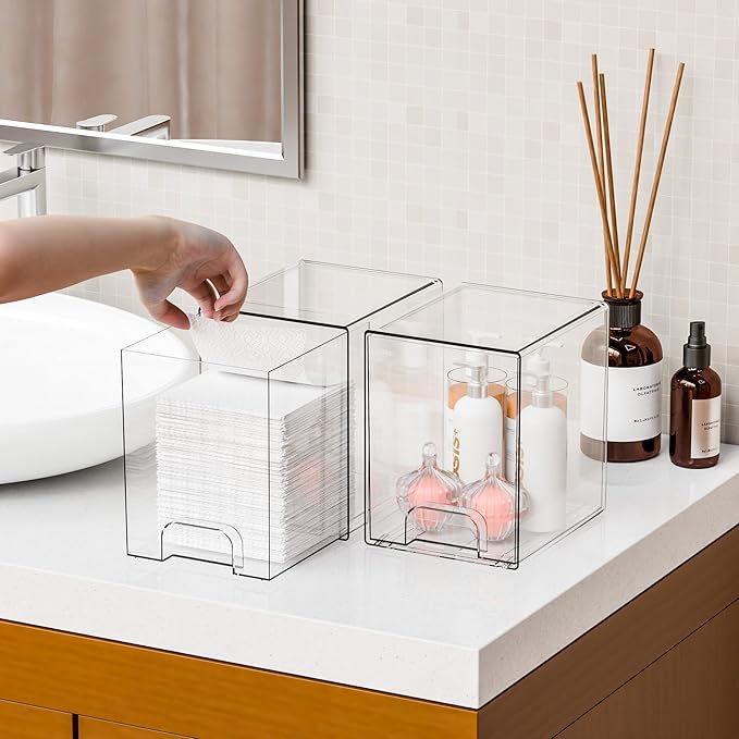 Yieach 2 Pack Clear Stackable Storage Drawers,7.6" H Baby Bottle Organizer,Acrylic Drawer Containers for Cosmetics,Skincare,Beauty Products,Cabinet,Vanity,Kitchen,Under Sink and Bathroom Storage Bins