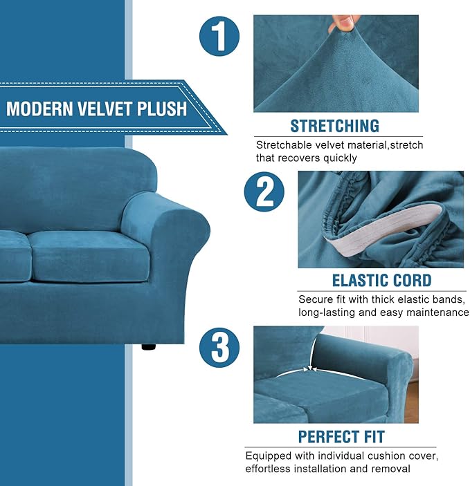 H.VERSAILTEX Real Velvet Plush 3 Piece Stretch Sofa Covers Couch Covers for 2 Cushion Couch Loveseat Covers Width Up to 72 Inch Thick Soft Stay in Place (Medium Sofa, Peacock Blue)