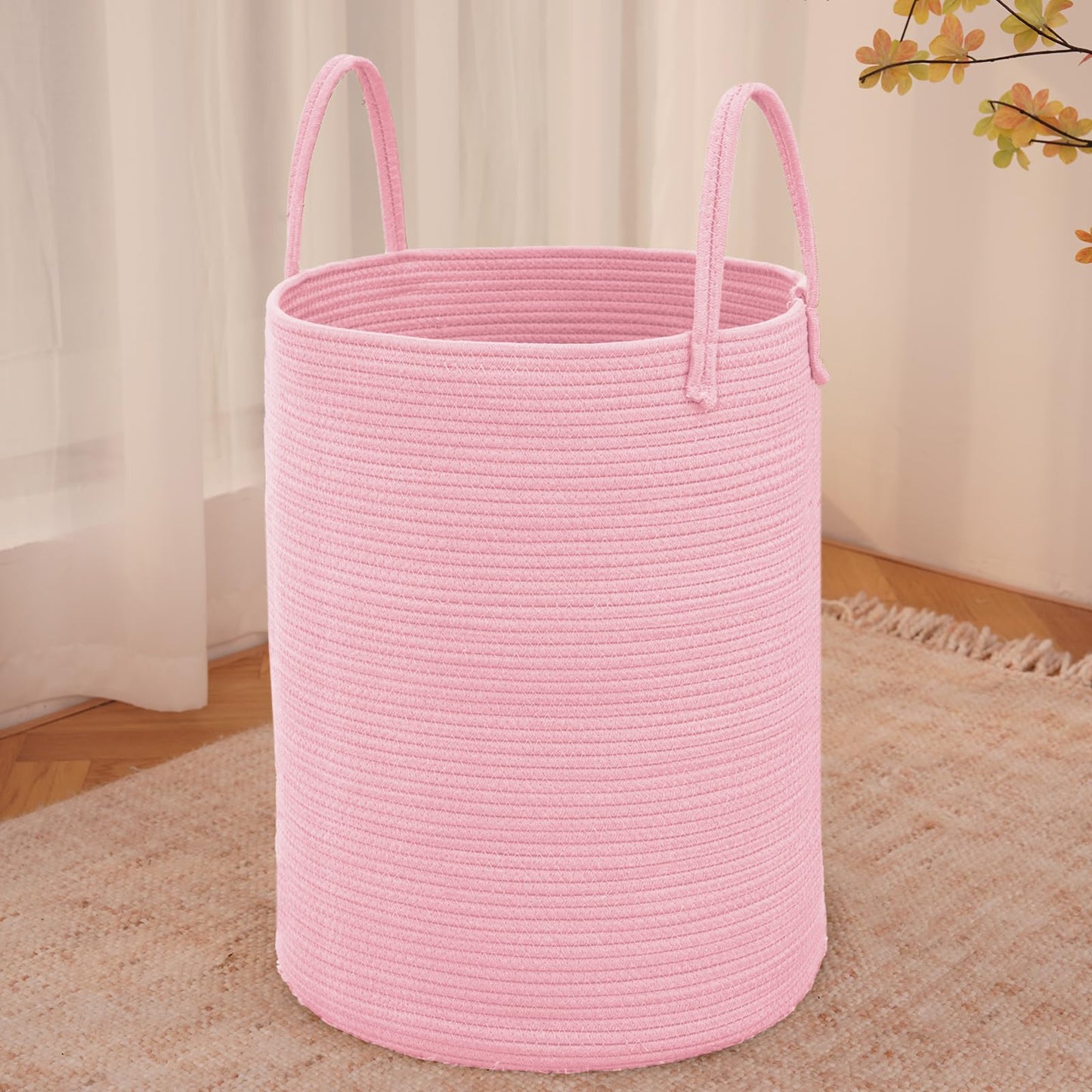 JMvicyroam Large Woven Laundry Basket Hamper,80L Cotton Rope Storage Bin for Blankets,Toys and Clothes,Decorative Tall Nursery Hamper for Living Room,Baby Nursery,Bathroom and Bedroom,Pink