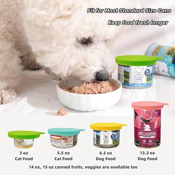 MoPawKT- Silicone Cat/Dog Food Can Covers Lids, Universal 3 Sizes Fit for 3oz, 5.5oz, 6.5oz, 13oz, 13.2oz Pet Food Cans, BPA Free, Reusable (set of 4 lids+1 scoop)