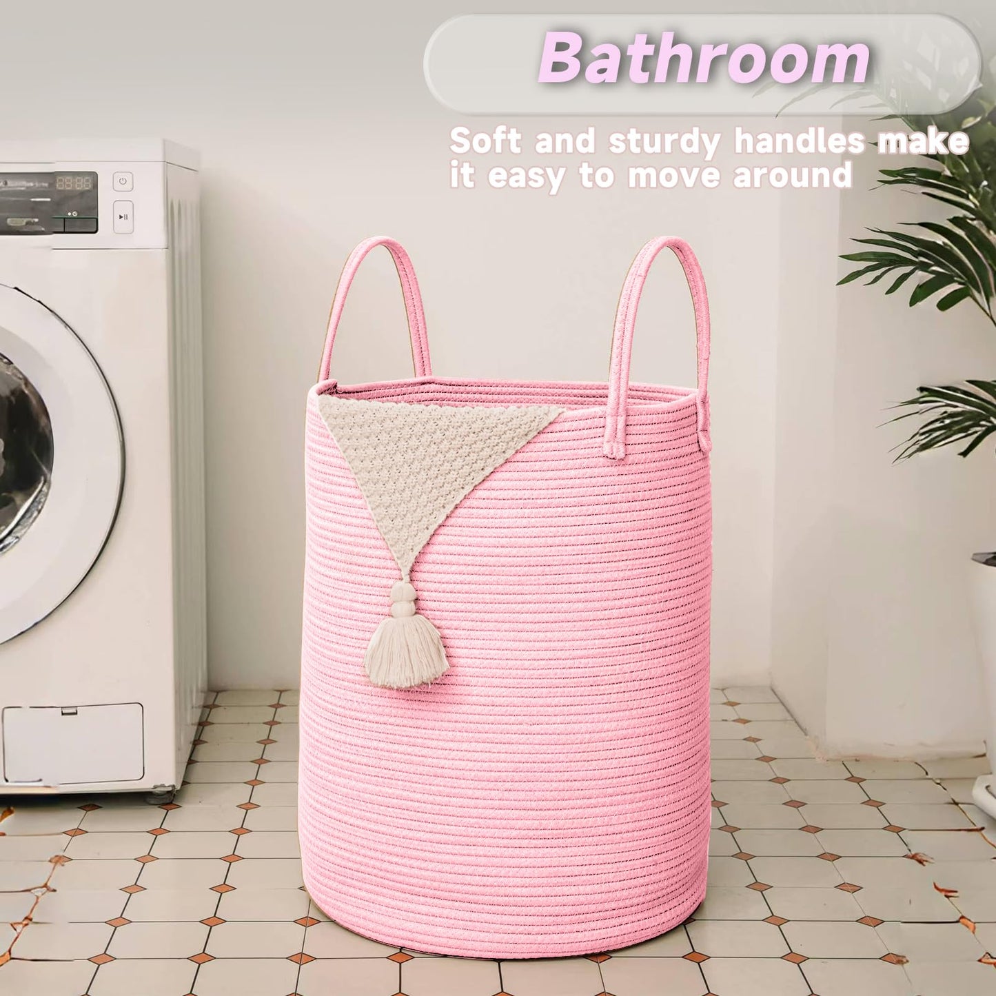 JMvicyroam Large Woven Laundry Basket Hamper,80L Cotton Rope Storage Bin for Blankets,Toys and Clothes,Decorative Tall Nursery Hamper for Living Room,Baby Nursery,Bathroom and Bedroom,Pink