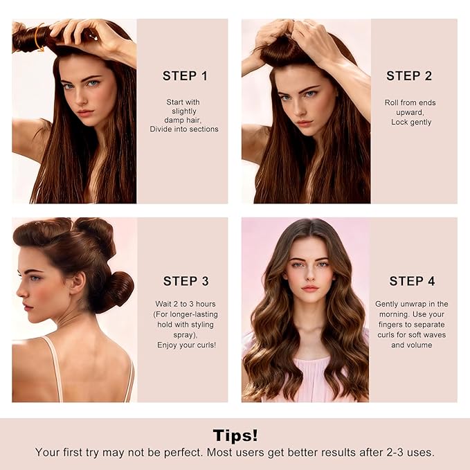Heatless Curls Overnight Set for Natural Hair, Comfortable Easy-Lock Rollers, Heat-Free Hair Curlers for Long Textured Hair, 4PCS Brown