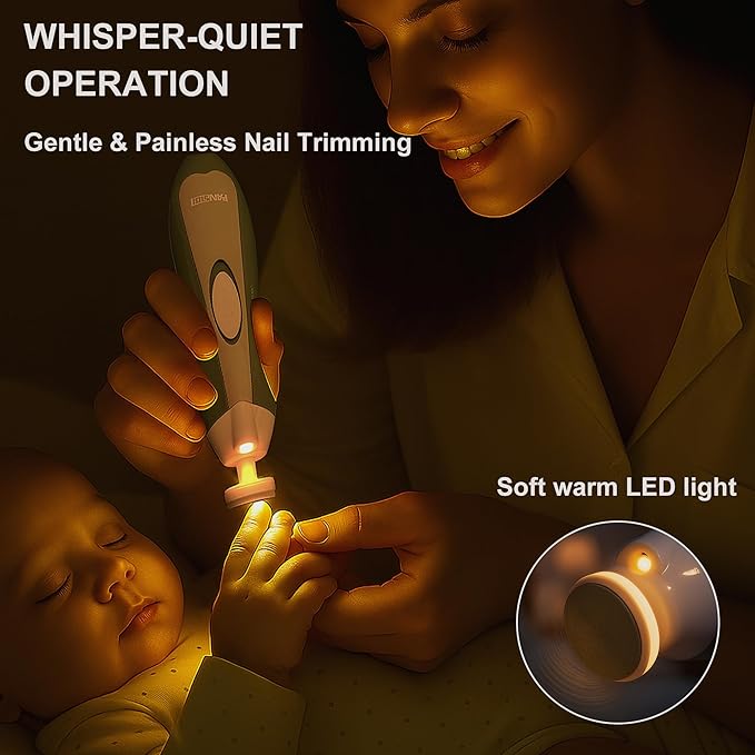 Fansidi Upgraded Electric Baby Nail File - Precise 4-Stage Baby Nail Trimmer for Newborn to Toddler Unisex, Safe & Gentle Nail Buffer with Soft LED Light & 18 Grinding Heads, Perfect Baby Shower Gift