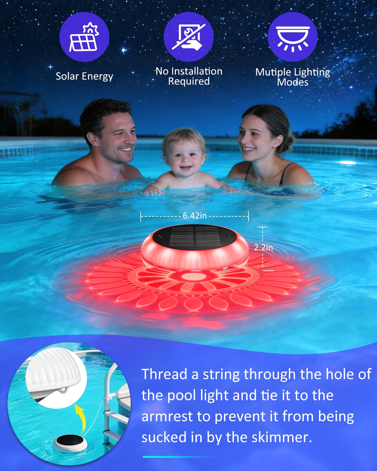 Yogaret Solar Floating Pool Lights - Pool Lights, 18 RGB Lighting Modes, IP68 Waterproof, for Inground and Above Ground Pool, Pool Party, Bathroom, Bathtub, Garden, Pond Decor（2Pcs）