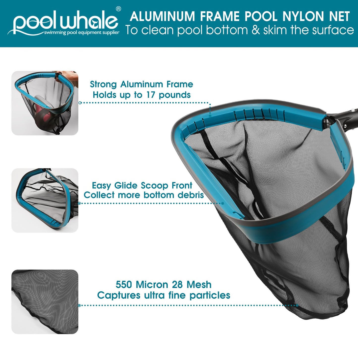Swimming Pool Cleaning Kit - Aluminum Frame Skimmer Net with 10Ft Adjustable Pole & 17.5” Pool Brush Head, Pools Maintenance Kits for Inground & Above Ground Swimming Pools, Removes Debris