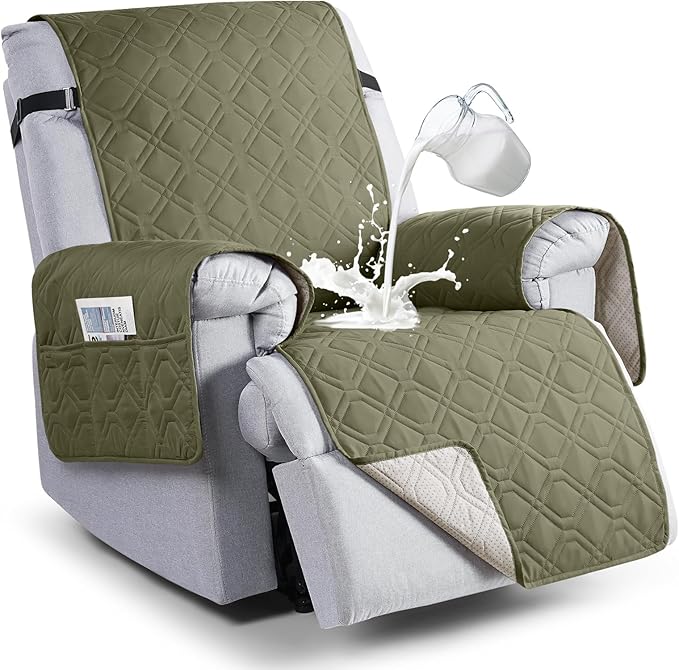 VANSOFY 100% Waterproof Recliner Chair Covers, Recliner Cover Non-Slip Dog Chair Cover Furniture Protector Washable Slipcover with Pocket, Elastic Straps for Pets, Dogs(Olive Green, 22")