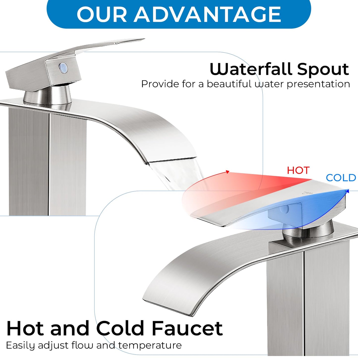 RNDIOZD Brushed Nickel Bathroom Faucets *2, Waterfall Bathroom Sink Faucet Modern Single Handle Bathroom Faucte 1 or 3 Hole, RV Mixer Tap Vanity Faucet - Includes Pop-up Drain