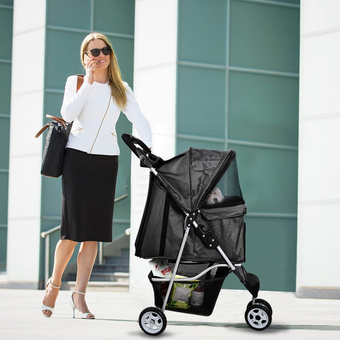 Pet Strollers for Small Medium Dogs & Cats, 3-Wheel Dog Stroller Folding Flexible Easy to Carry for Jogger Jogging Walking Travel with Sun Shade Cup Holder Mesh Window (Black)